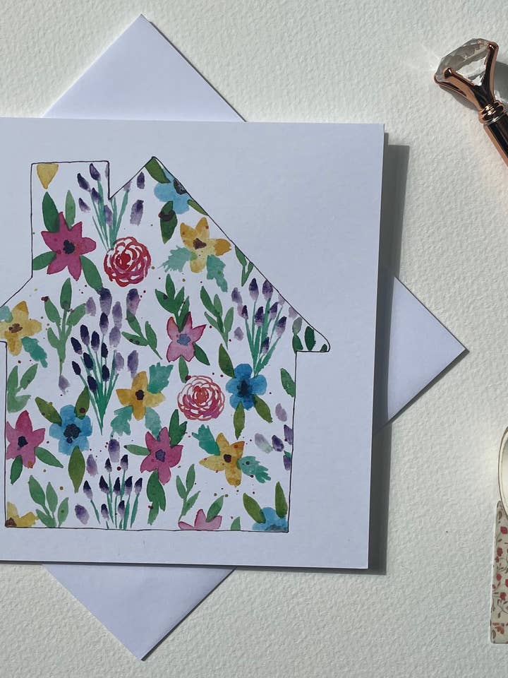 Nytt Hem Hus Blommig Akvarell Konst Hälsningar Kort Blank för wholesale av Elizabeth Amy Art