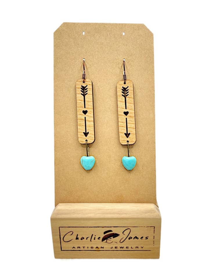 Turquoise Heart Dangle Earrings, Turquoise Earrings, Boho Earrings, Heart Earrings, Turquoise Earrings, Turquoise Jewelry, Arrow Earrings for wholesale by Charlie James Artisan Boutique