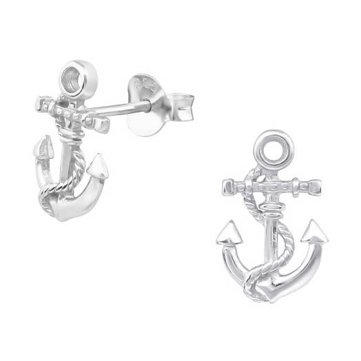 Stud earrings anchor with rope, 925 silver, e-coated for wholesale by Janusch