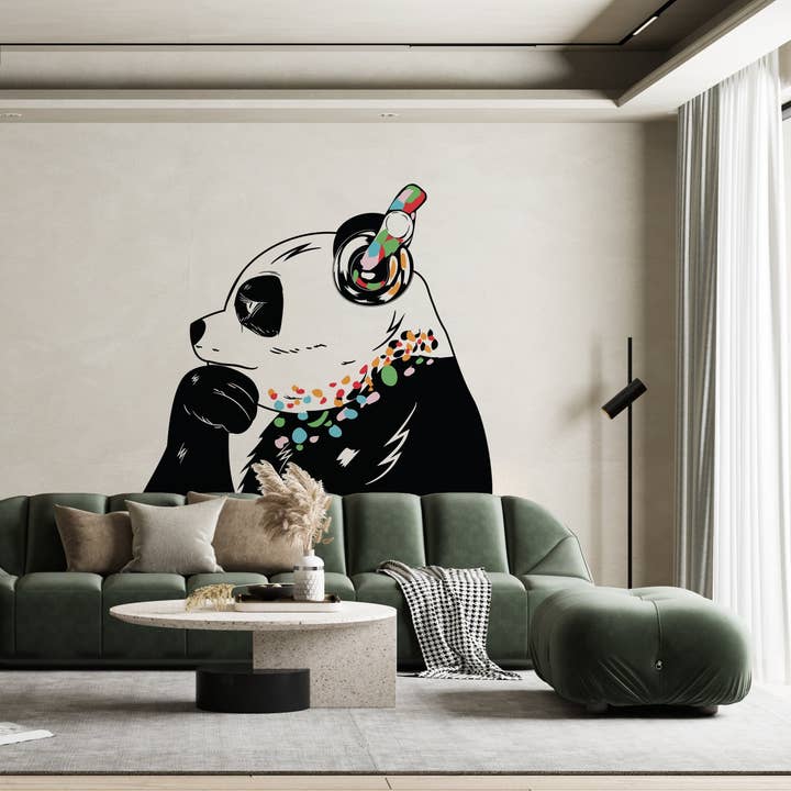 Autocollant mural panda — Tête de panda DJ pensif avec casque, décalcomanie en vinyle pour la vente par Decords