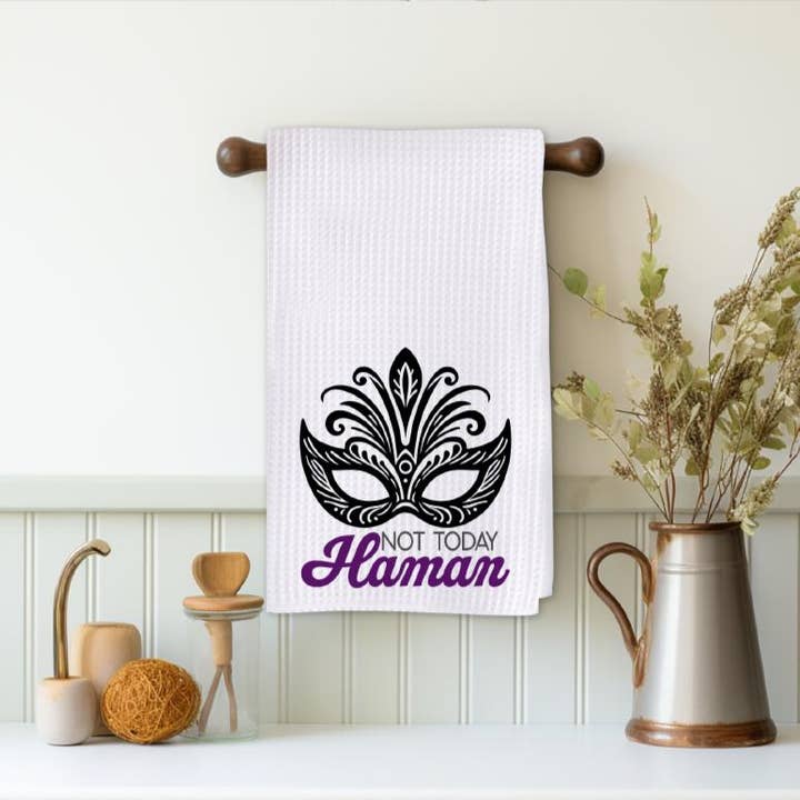 Salt Sparkle Shalom - Wholesale Tea Towel - Not Today Haman Funny Purim Waffle Dish Towel1