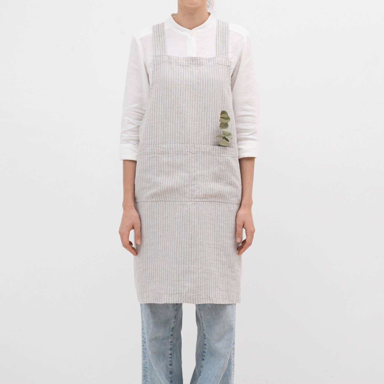 Linen Tales (We cover U.S. import duties) - Wholesale Apron - Grey Blue Pinstripe Rustic Linen Japanese Crossback Apron0