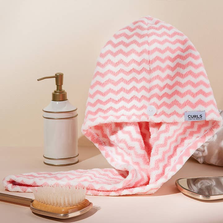 Turbante para cabello de microfibra con diseño en zigzag rosa para venta al por mayor de Curls Run The World