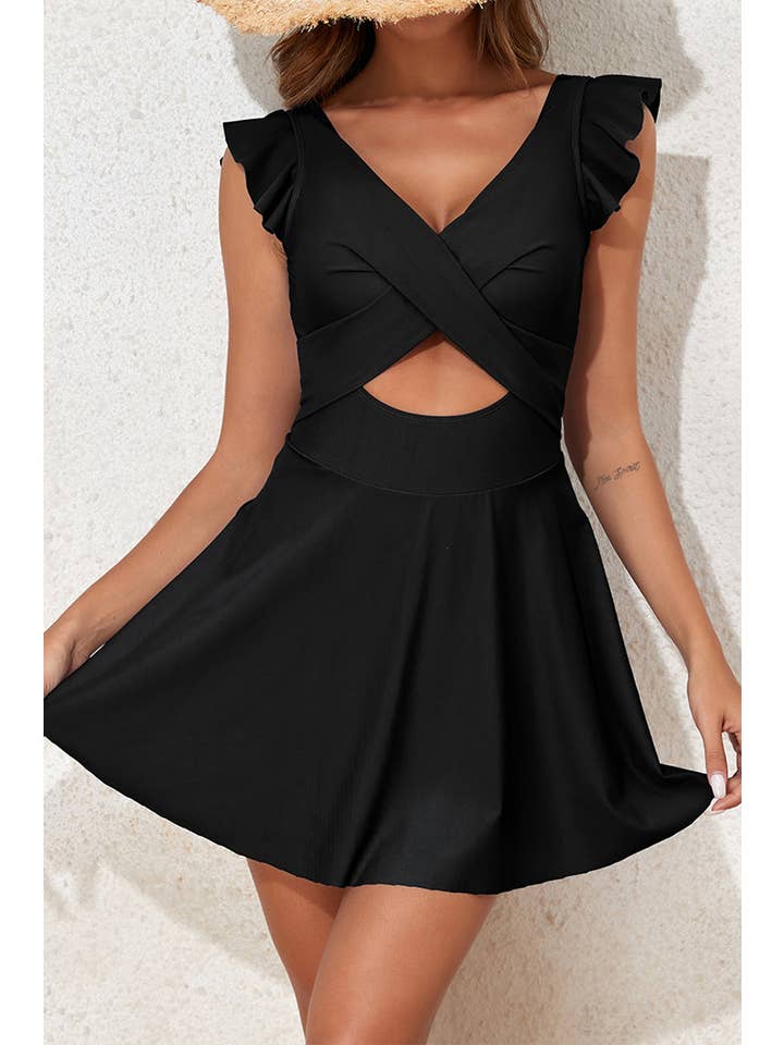 Black Ruffle Crossed Cutout Swimdress for wholesale on Faire
