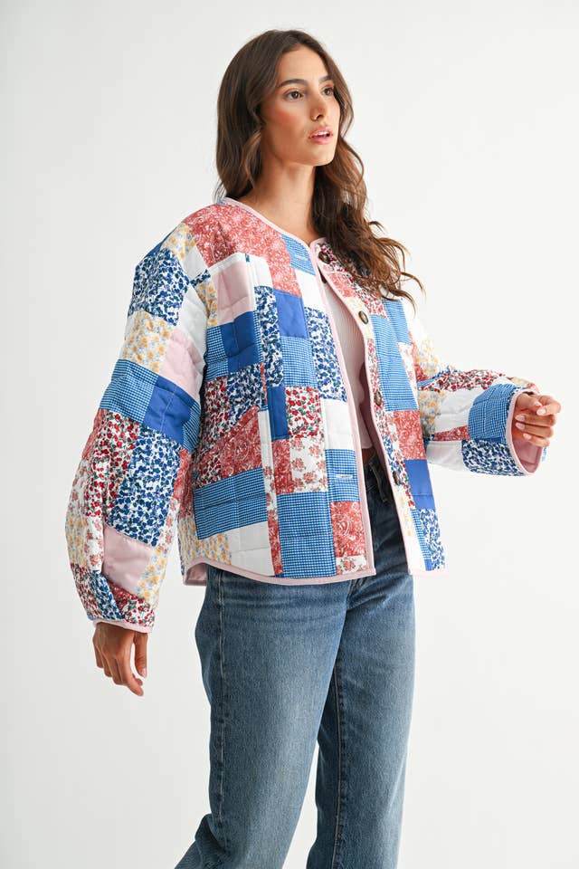 BLUE MULTI CJJ26871 PATCHWORK BLISS QUILTED JACKET for wholesale on Faire8