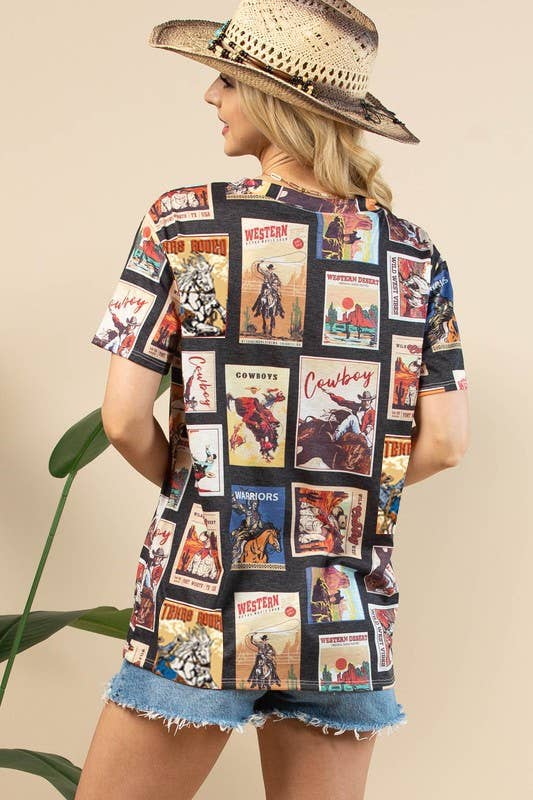 Zwart Multi AV1205-RIO T-SHIRT MET KORTE MOUWEN EN VINTAGE WESTERNPRINT  voor groothandel op Faire5