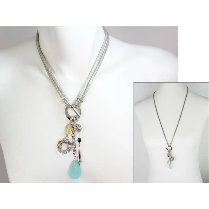 Convertible 2 Way Mesh Necklace with Stone and Mesh Drops for wholesale by Erica Zap Designs
