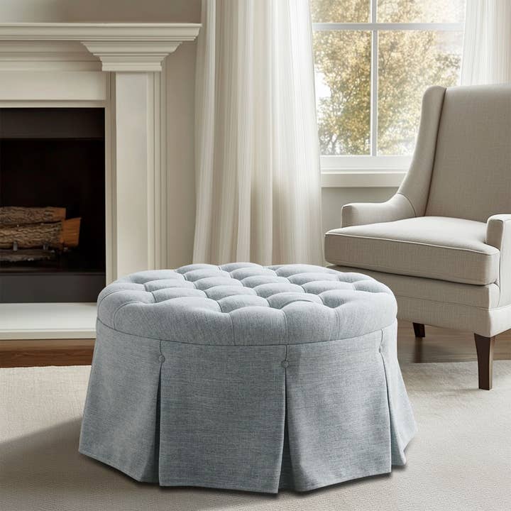Olliix - Wholesale Ottoman - 32" Light Blue Skirted Button Tufted Round Ottoman