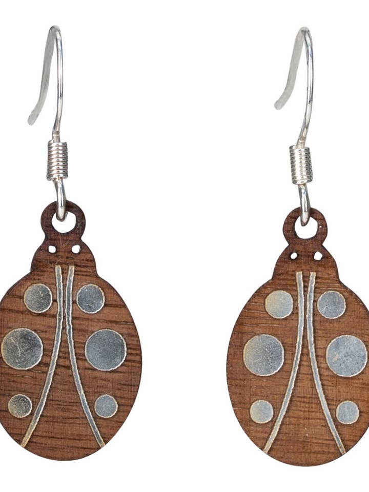 Lady Bug Twig Earring with Silver Foil Accent for wholesale by Woodcutts Inc.
