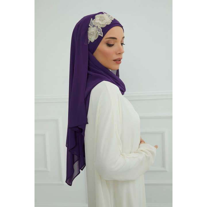 Aisha's Design - Wholesale Hijab – Women’s - Luxury Instant Chiffon Hijab with Floral Lace, Ready-to-Wear Chiffon Hijab with Embroidered Flowers,CPS-10111