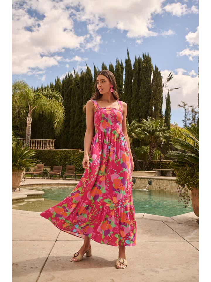 FUCHSIA MULTI Himera Floral Kells Smocked Maxi Dress for wholesale on Faire
