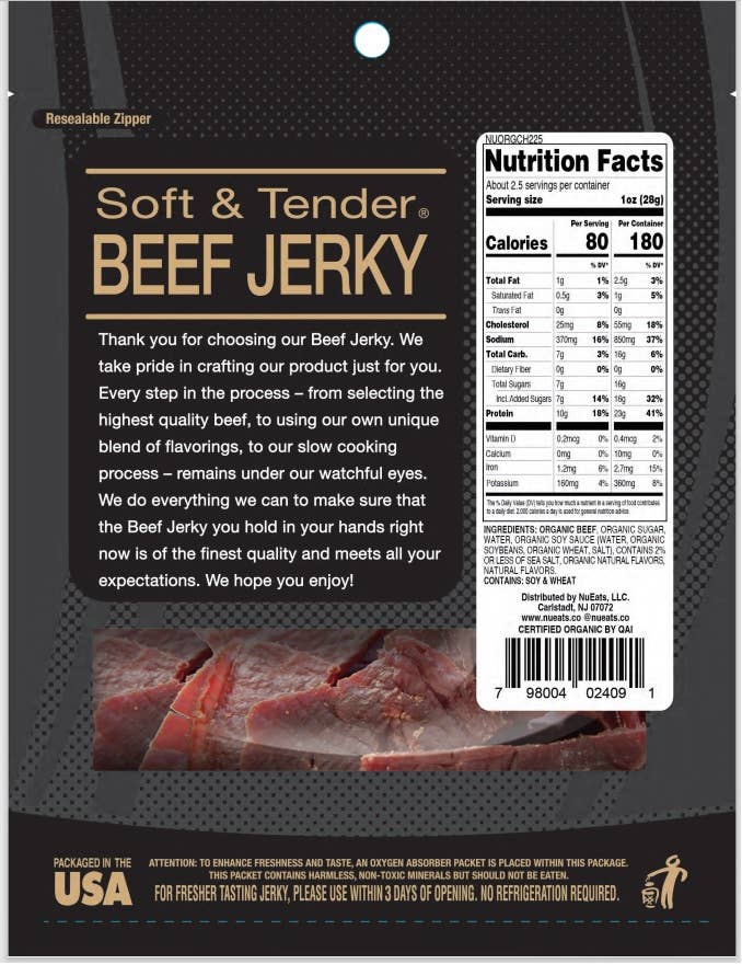 NuEats - Vente Viande séchée - NuEats Bœuf séché biologique 100 % nourri à l’herbe, saveur chipotle, 64 g1