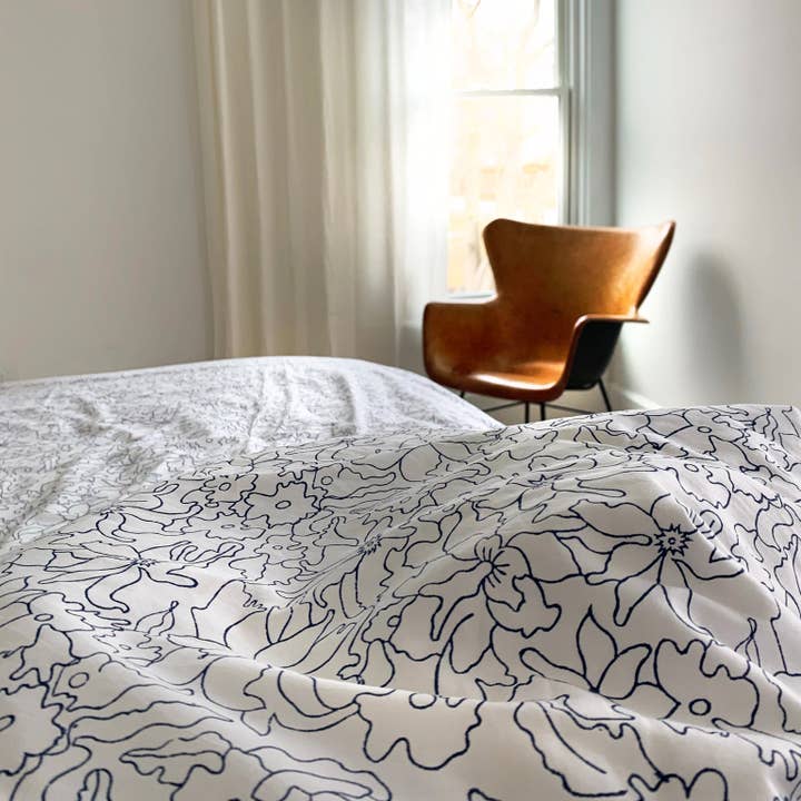 New Print! Orchid Hand Block Printed Sheet Separates in Ocean for wholesale by Sister Moons