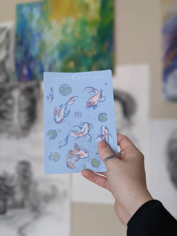 Colorful Koi Pond Cute Handmade Sticker Sheet for wholesale by Stewart Gaus Design