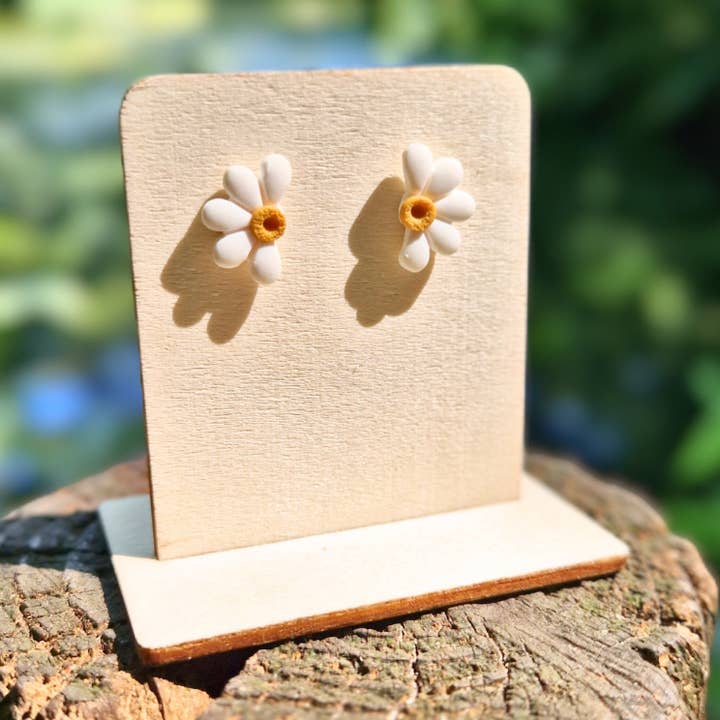 Half Daisy Flower Polymer Clay Stud Earrings for wholesale by Green Grove Designs
