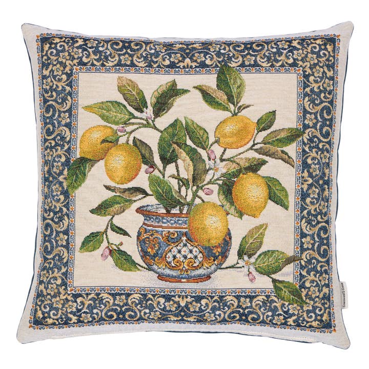 Coussin Tissé Blanc à Motif Citrons - 42x42cm (17"x17") pour la vente par Hines of Oxford
