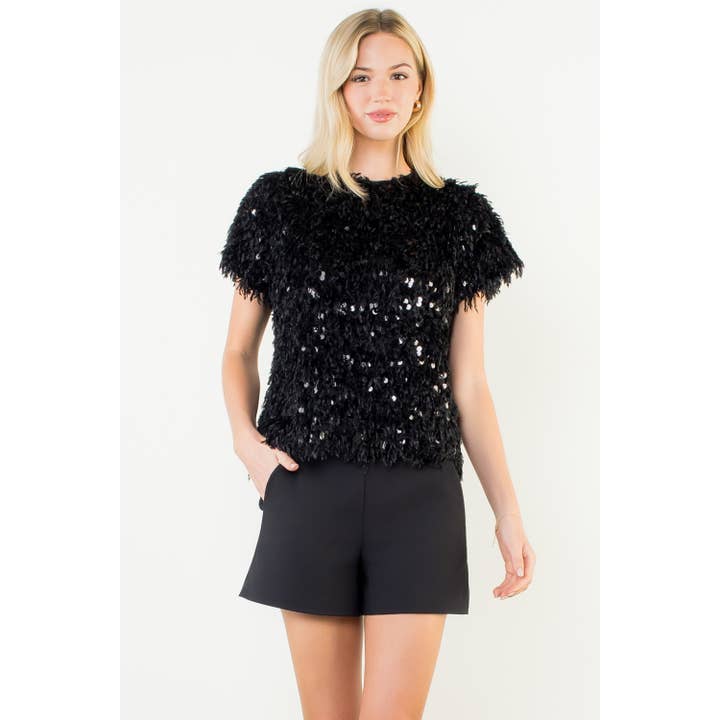 Top de Lantejoulas Peludo de Manga Curta por atacado de THML