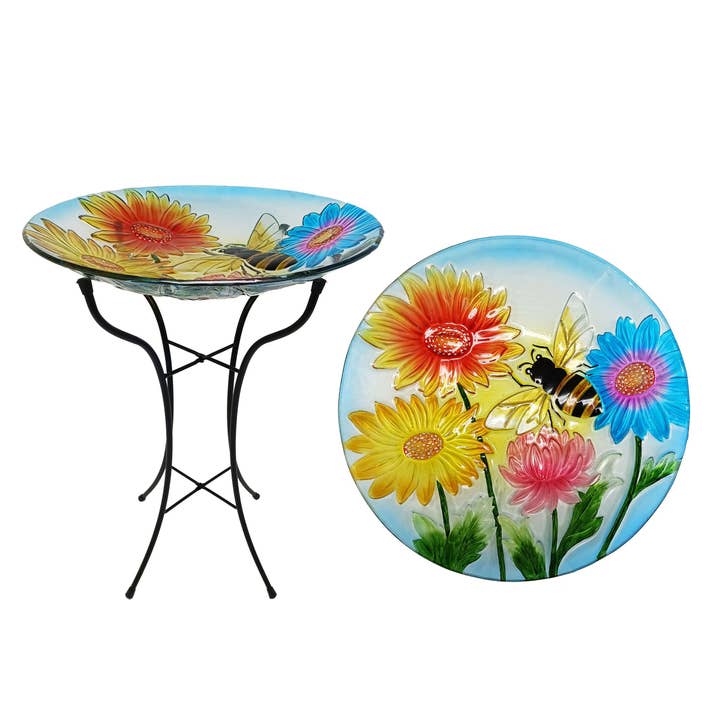 Alpine Corporation - Wholesale Bird Bath - Alpine Corporation 18" Glass Birdbath w/ Flowers & Bee