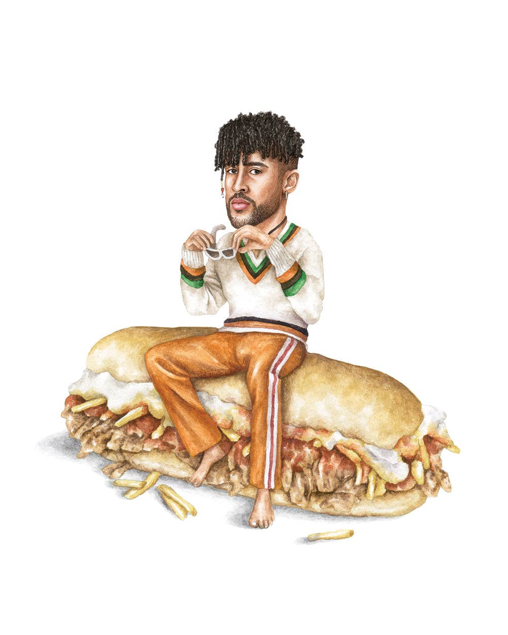 Celebs on Sandwiches - Wholesale Art Print - Bad Bunny - Watercolor Print1