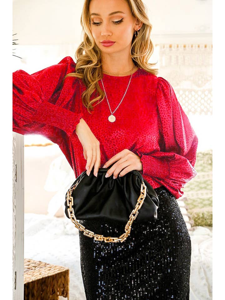 Vine & Love - Wholesale Blouse - Women's - Round neck balloon sleeves satin blouse VT6019815