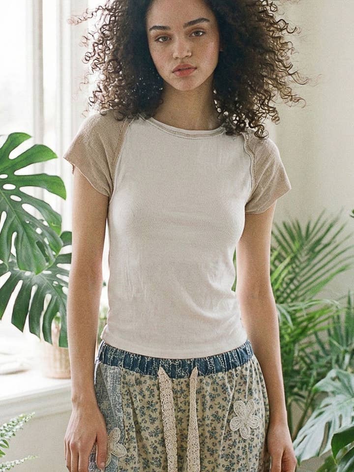 Round Neck Raglan Sleeve Contrast Solid Fitted Rib Top for wholesale by Pol Clothing