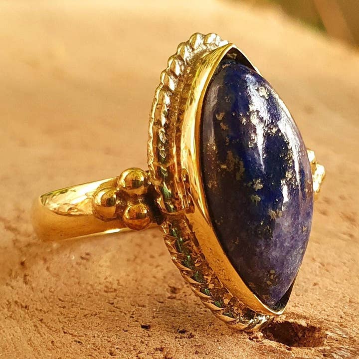 Lapis Lazuli Brass Ring / Bohemian / Ethnic / Festival / BirthStone / Gypsy / Tribal / Boho / Hippie / Festival / Rustic / Psy for wholesale by Kaali Boutique