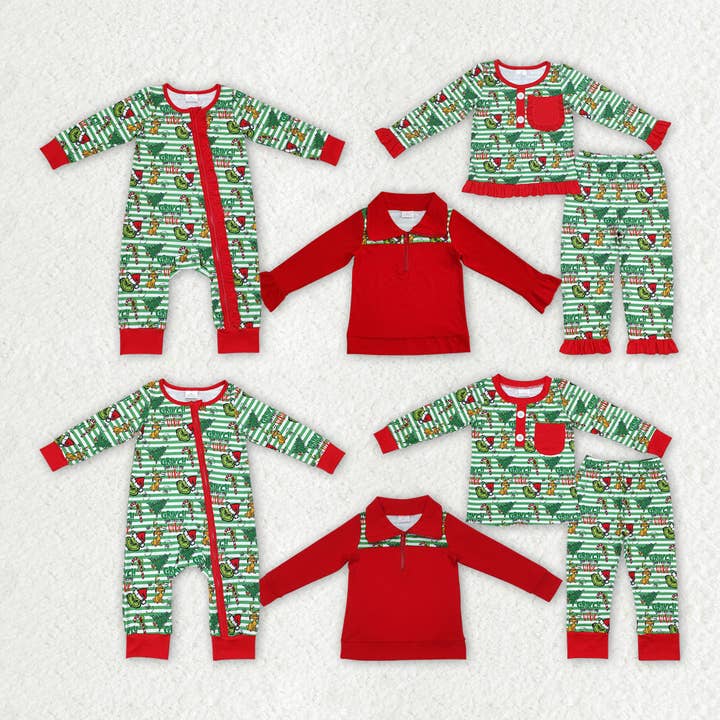 Baby Girls Christmas Green Face Sibling Pajamas Tops Clothes Sets for wholesale by Aier Wholesale