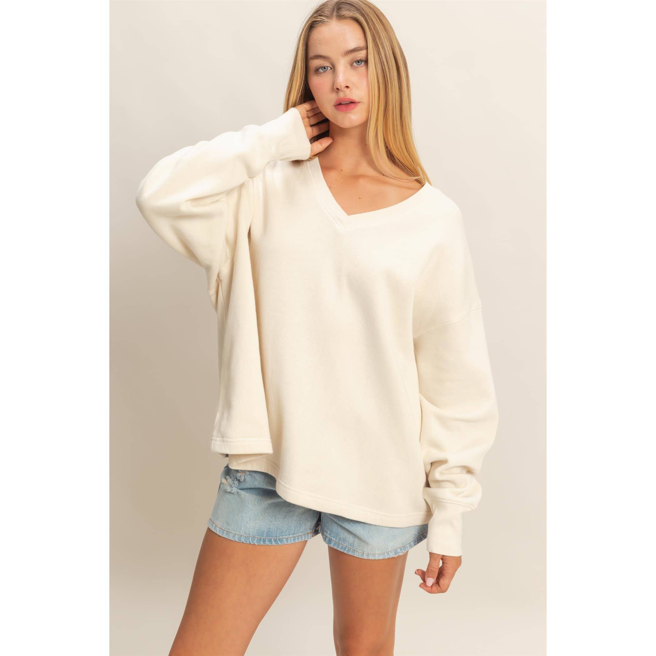 Double Zero - Wholesale Sweatshirt - Women's - Oversized V-Neck Sweatshirt With Raw Edge Detail33