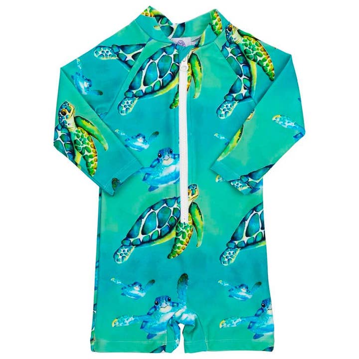 PREORDER Blue Turtle Unisex Long Sleeve Zip Swimmers (Ships w/c 10th Nov) for wholesale by Cheeky Chickadee