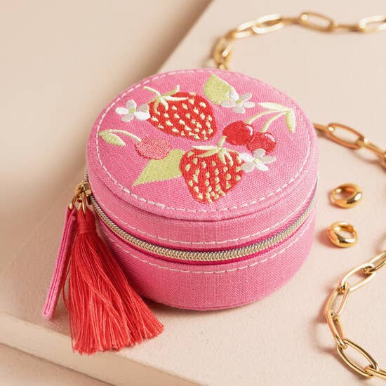 Lisa Angel - Wholesale Jewelry Dish - Strawberry Embroidered Travel Round Jewellery Case in Pink