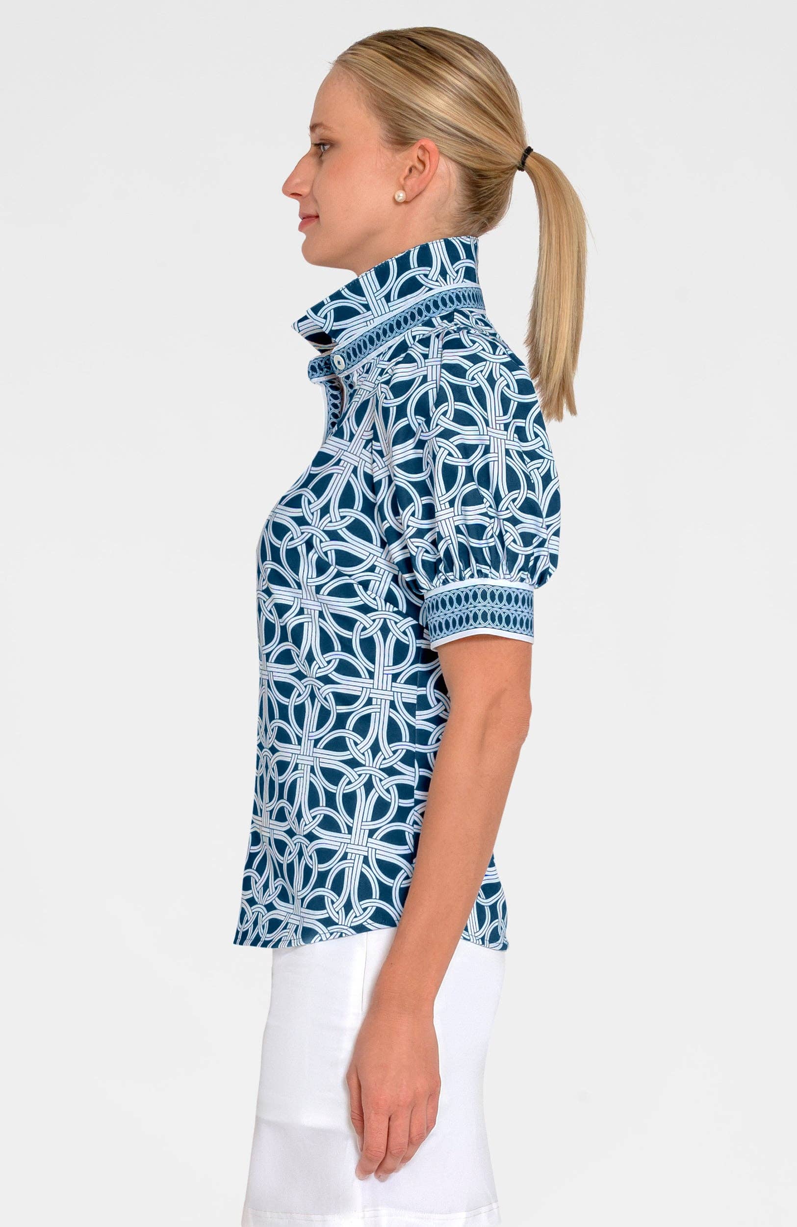 Gretchen Scott LLC – Camisa com botões no colarinho – Mulher por atacado – Top de Manga Bufante - Ring Toss6