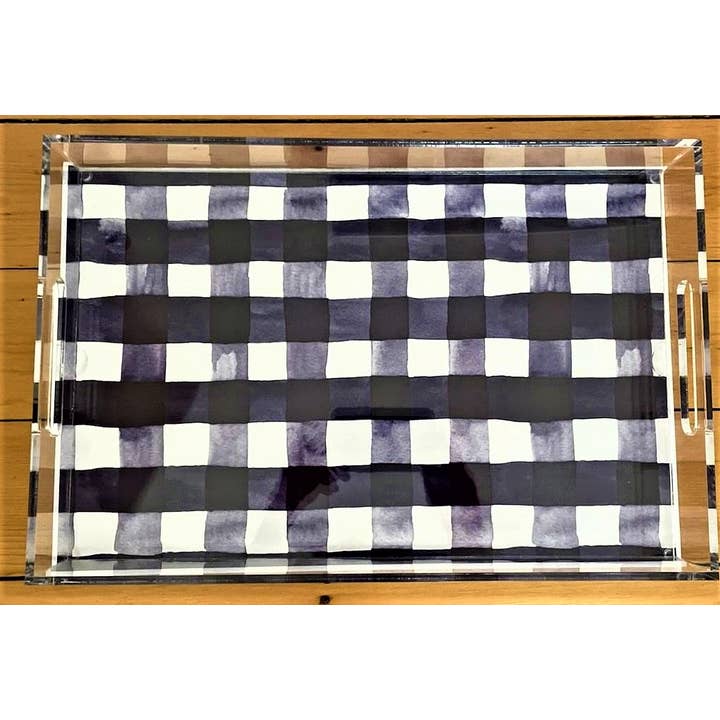 Bandejas de servir/Bandeja xadrez aquarela marinha e branca por atacado de Ox Bow Decor