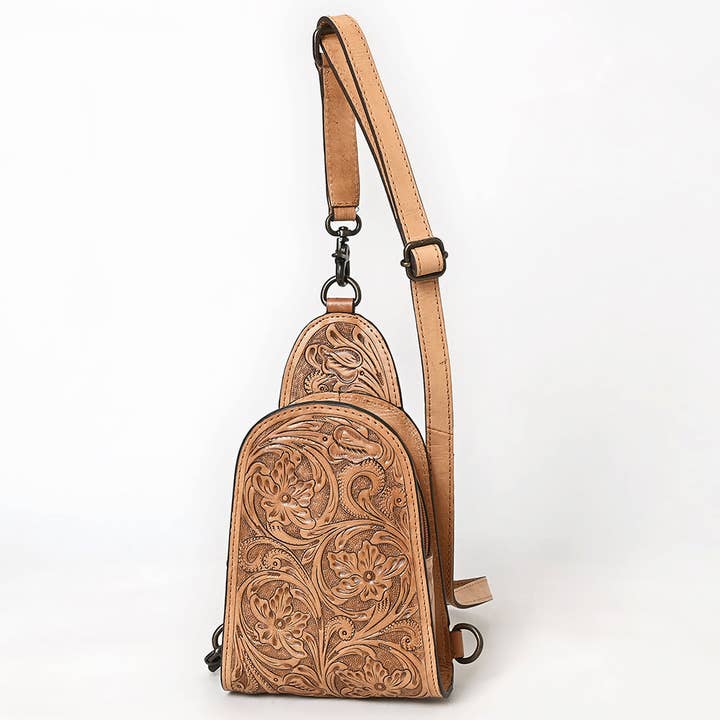 ADBG1542 American Darling Western Leather Sling Bag with Hand-Tooled Floral Design Genuine Vegetable-Tanned Leather for wholesale by LS Western