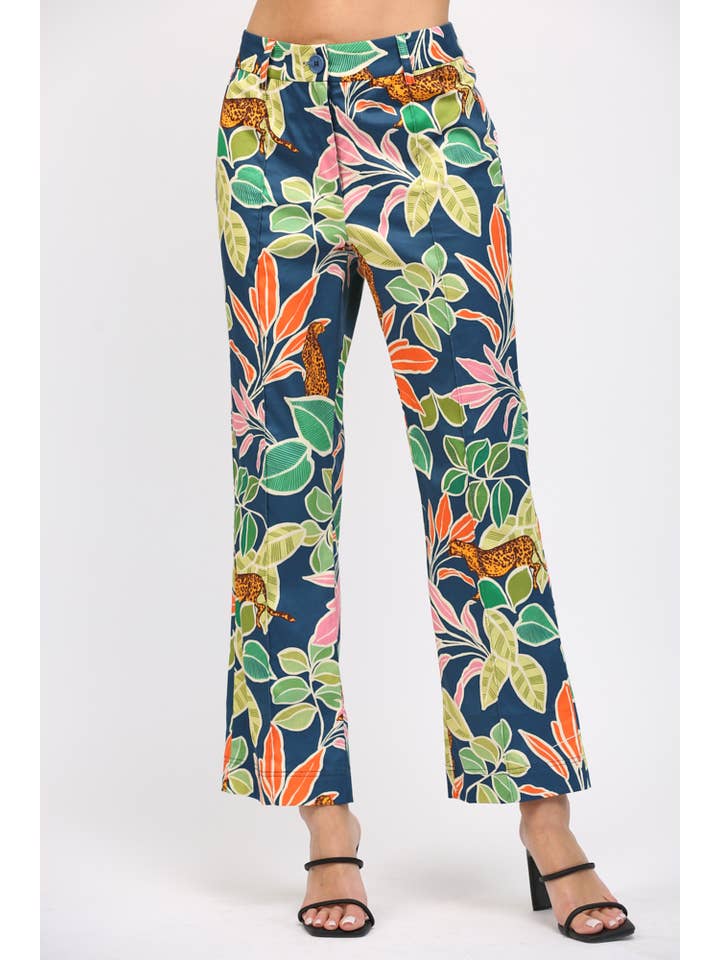 NAVY MULTI TROPICAL PRINT PINTUCK FLARE PANTS FP60025 for wholesale on Faire
