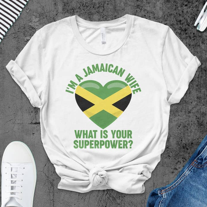 Jamaican Wife T-Shirt, Empowering Women Tee, Superpower Question Shirt, Jamaica Pride Heart Flag, Gift For Her, Cultural Pride Apparel for wholesale by FreakyTeeFactory
