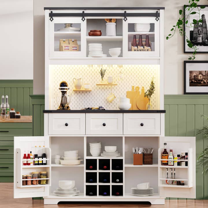 71" Farmhouse Pantry Bar Cabinet with Hutch, White Oak for wholesale by 39F Inc.
