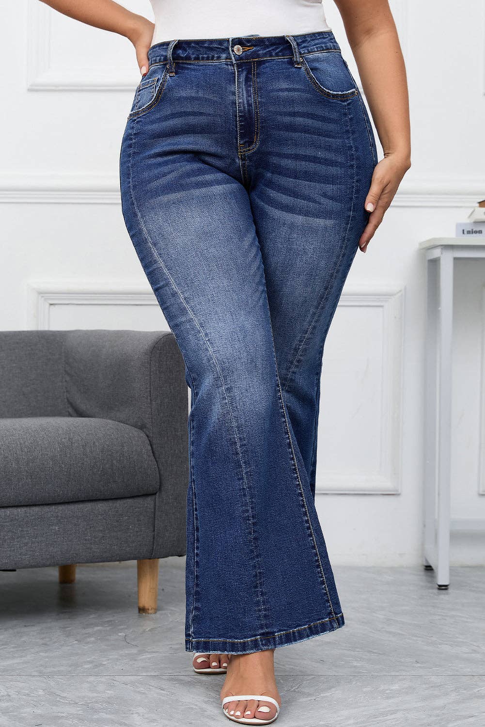Aila Dark Blue Plus Size Stitching Flare Jeans for wholesale on Faire