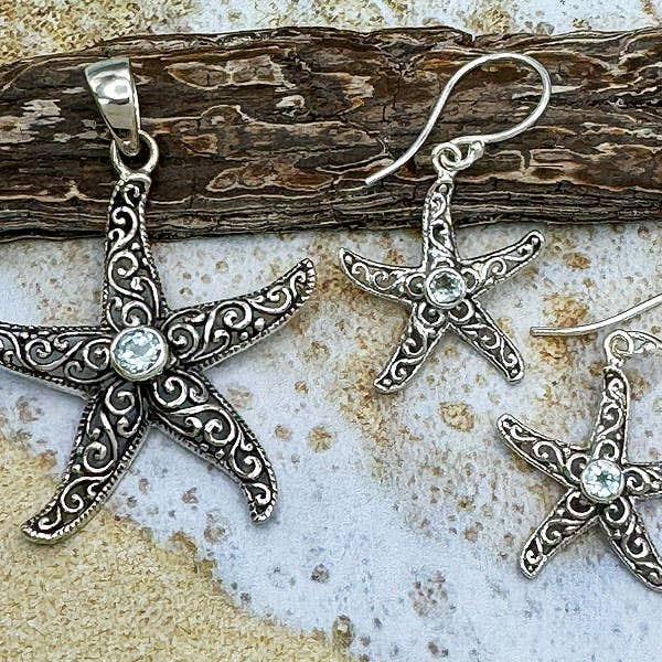 Goddess Design Studio - Vente Boucles d'oreilles pendantes - Boucles d'oreilles fantaisie en forme d'étoile de mer en argent sterling et pierres précieuses4