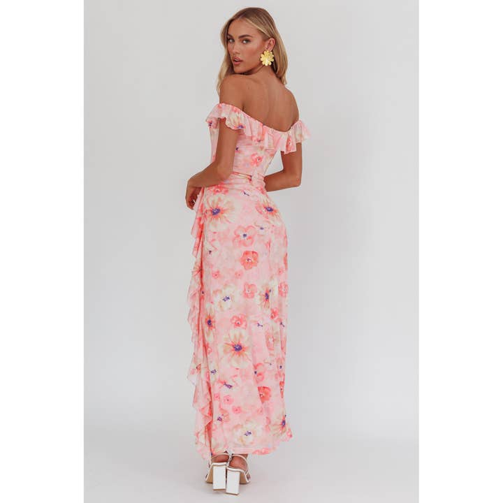 PINK OFF THE SHOULDER FLORAL MAXI DRESS for wholesale on Faire
