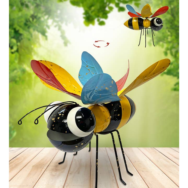 Colorful Metal Bumblebee Statue w/ Spinning Wings for wholesale by Continental Art Center