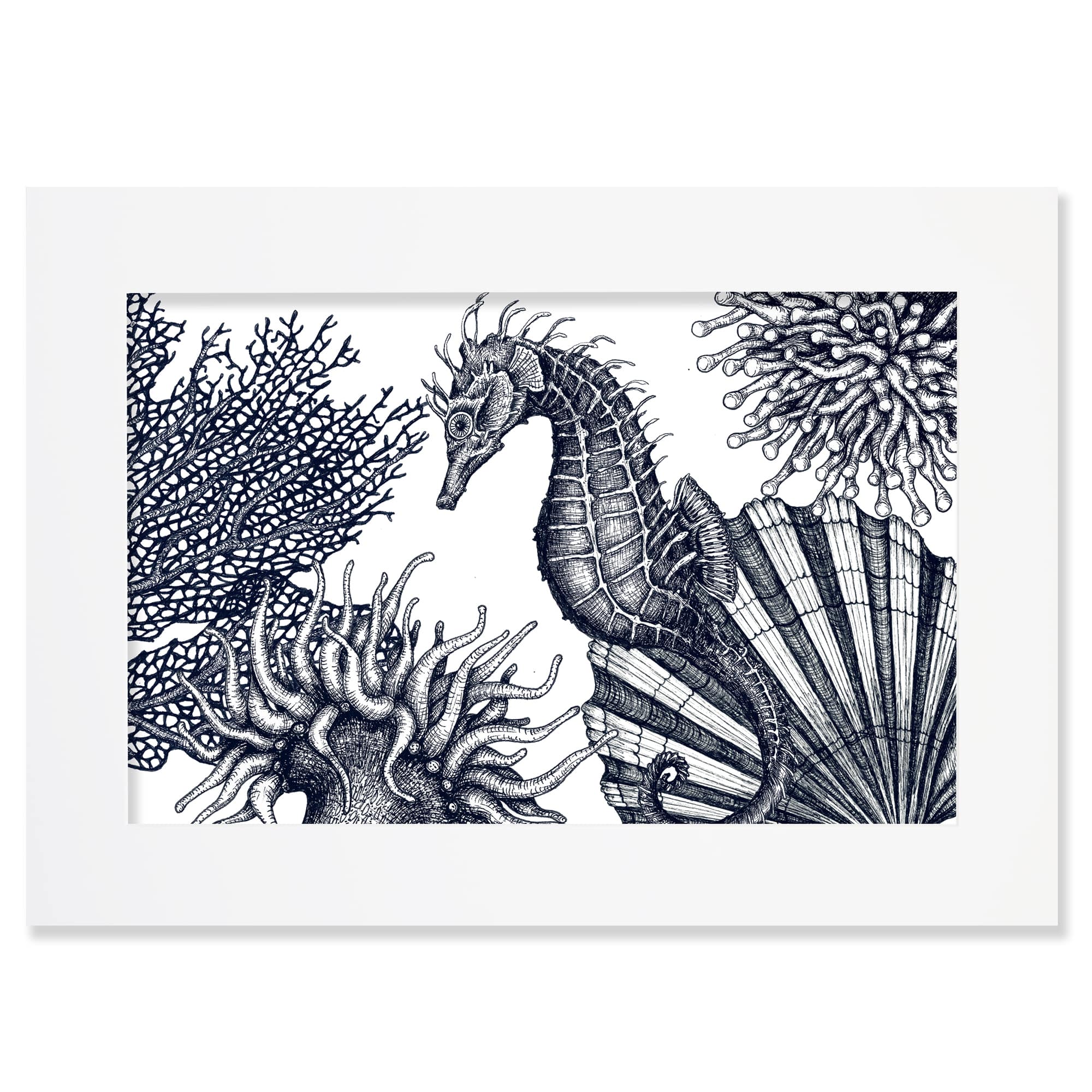 Cream Cornwall – wholesale Art print – Blue & White Seahorse Scene Art Print – Mounted in 3 Sizes1