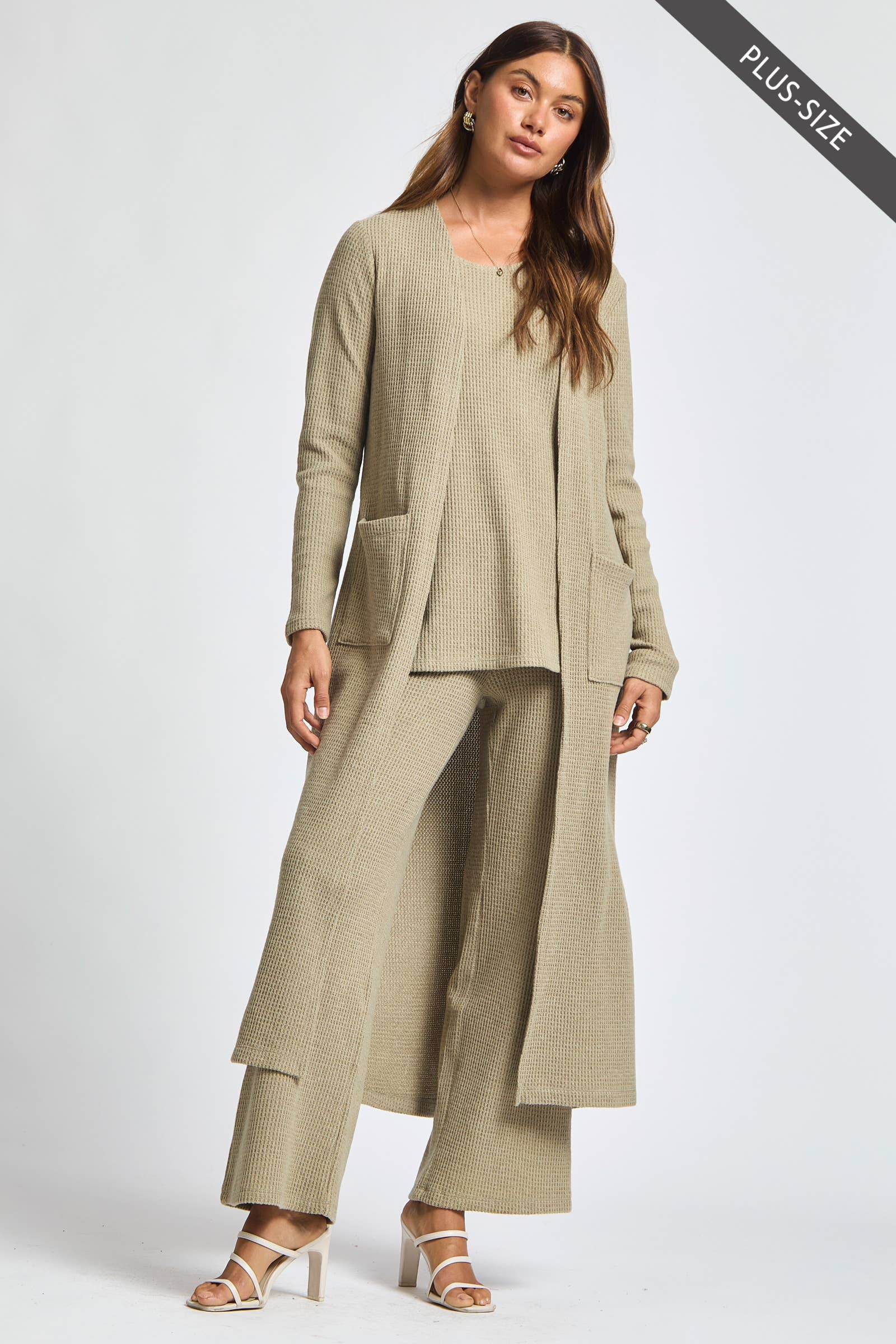 Dear Scarlett - Wholesale Lounge Set - Women's - PLUS SIZE Thermal Sleeveless Tank + Cardigan + Relaxed Pants14