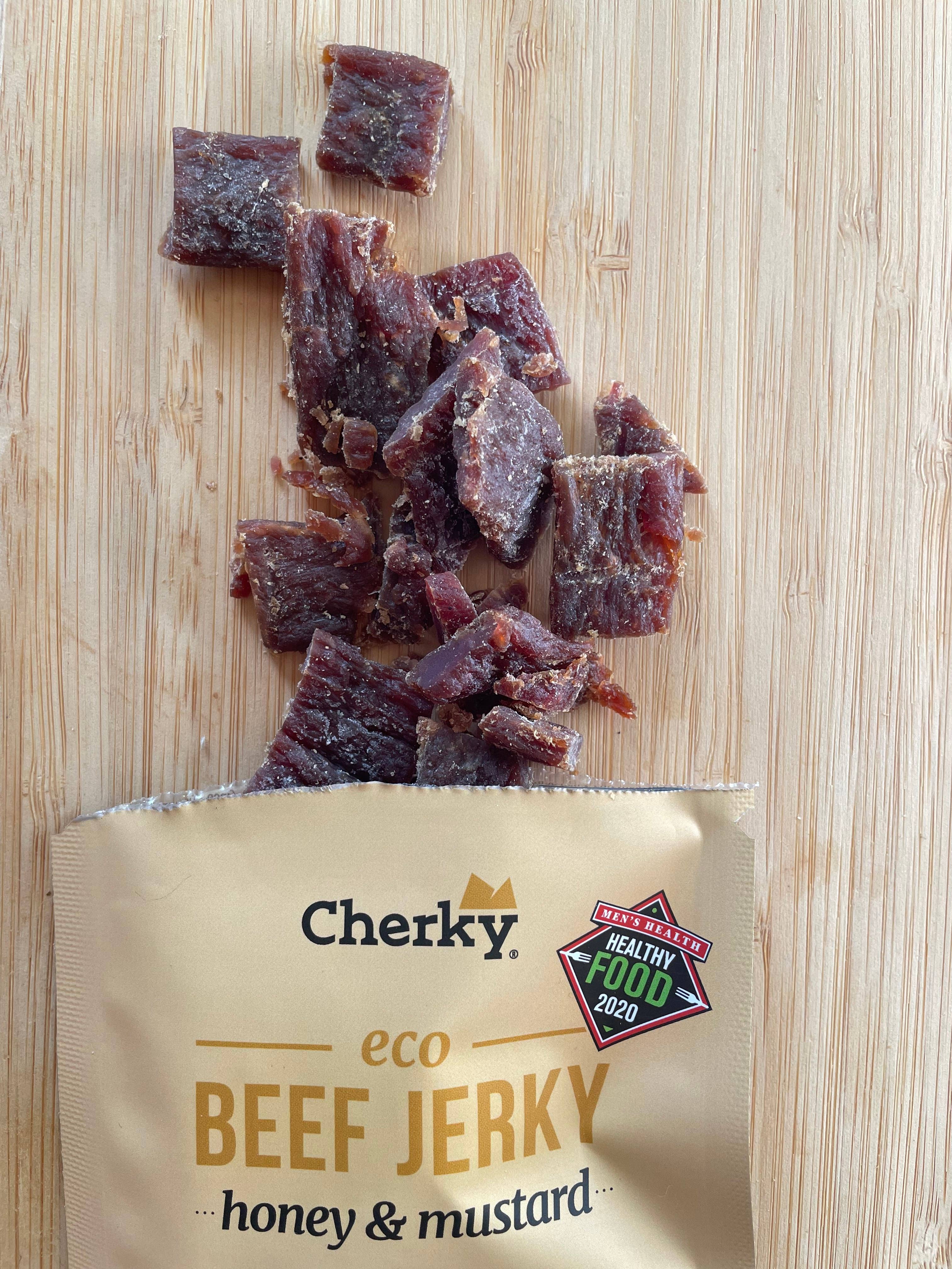 Cherky – Engroshandel Jerky – Cherky økologisk oksekød jerky med honning og sennep 30 g1