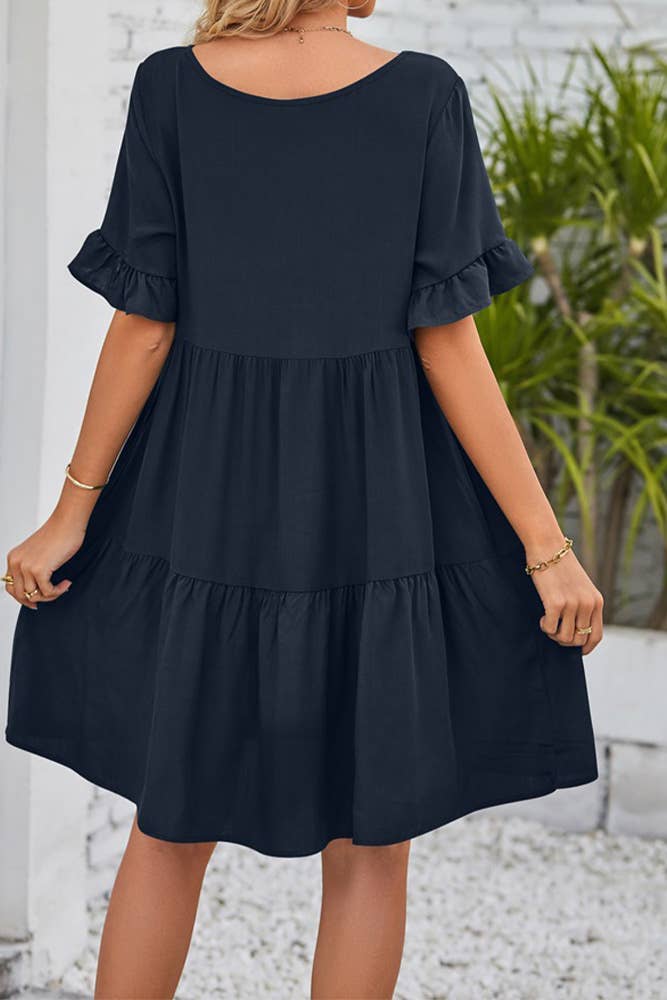 UNISHE - Vendita all'ingrosso Vestito - Donna - Abito A Balze Con Volant Con Scollo A V Semplice E Tasche MD03826