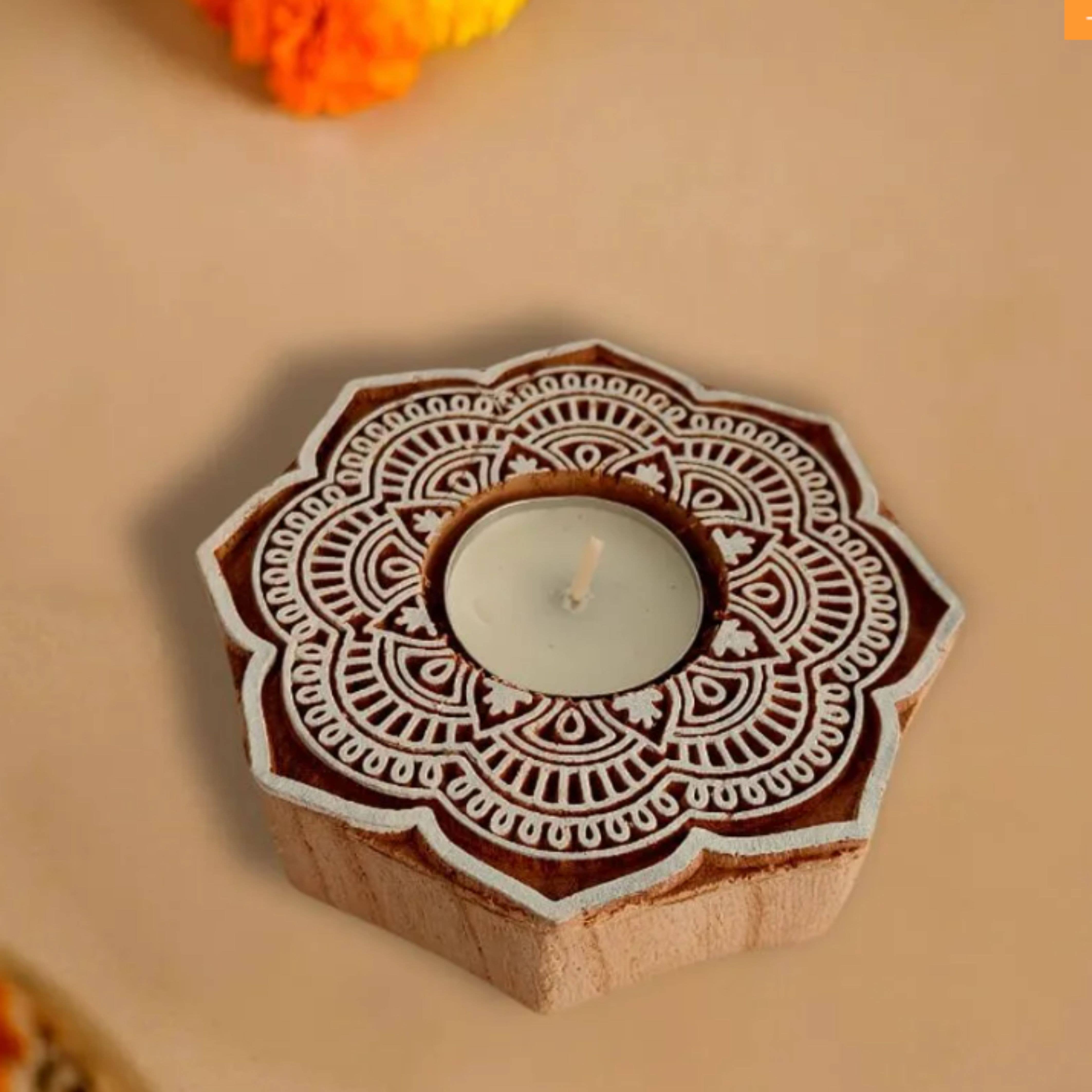 Magnifique Hearts - Wholesale Candle Holder - Handcrafted Wooden Tealight Holder, Mandala Flower Design 42