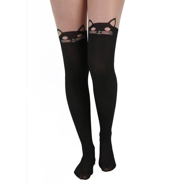 Black Cat Illusion Thigh High Tights for wholesale by Malka Chic