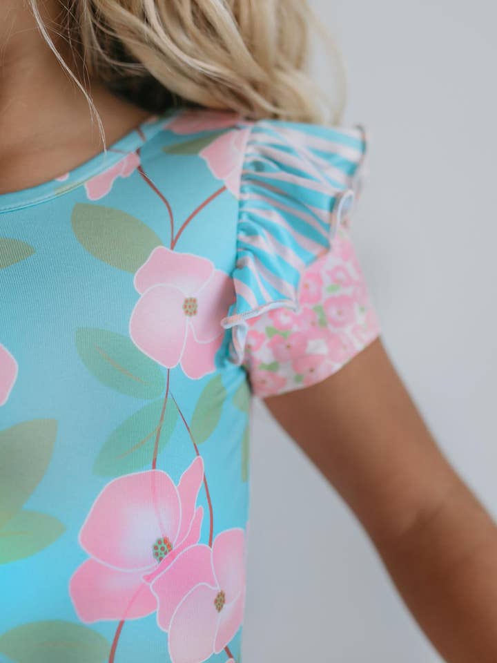 Oopsie Daisy - Wholesale Leotard - Kids - Kids Pink & Blue Blossom Floral Dance Tumble Skirted Leotard