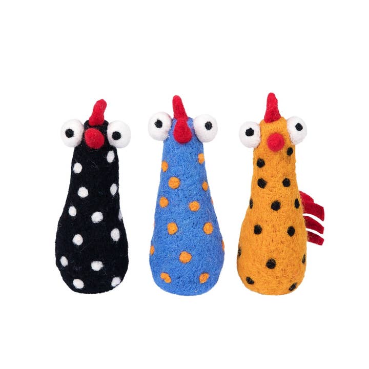 Funny Chicken Decor Set - Felted Wool Ornament Trio Ages 3+ for wholesale by OmaOmaOma!