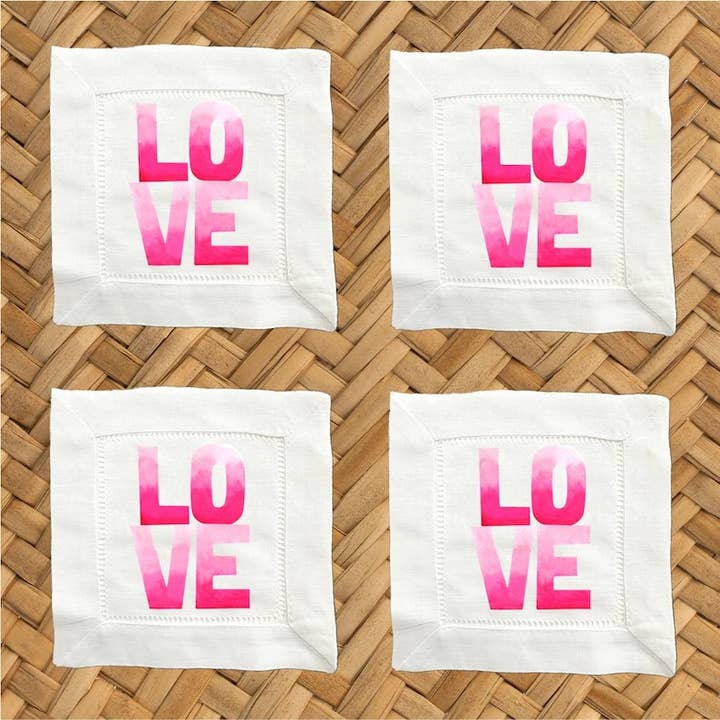 Love Valentines Linen Cocktail Napkins - 6 x 6 Inch Cloth Hemstitch Fabric Napkins - Set of 4 for wholesale by Moman Sales, Inc.
