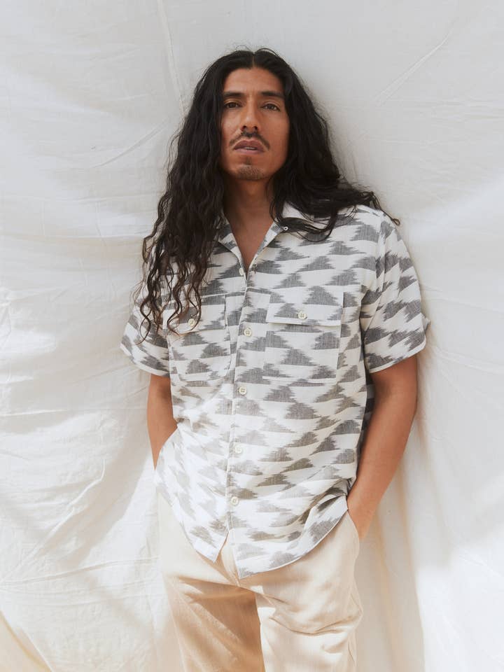 HARSHIL 2 POCKET SHIRT COTTON KORA WITH CLOUD IKAT IN CHARCOAL for wholesale by Umber and Ochre